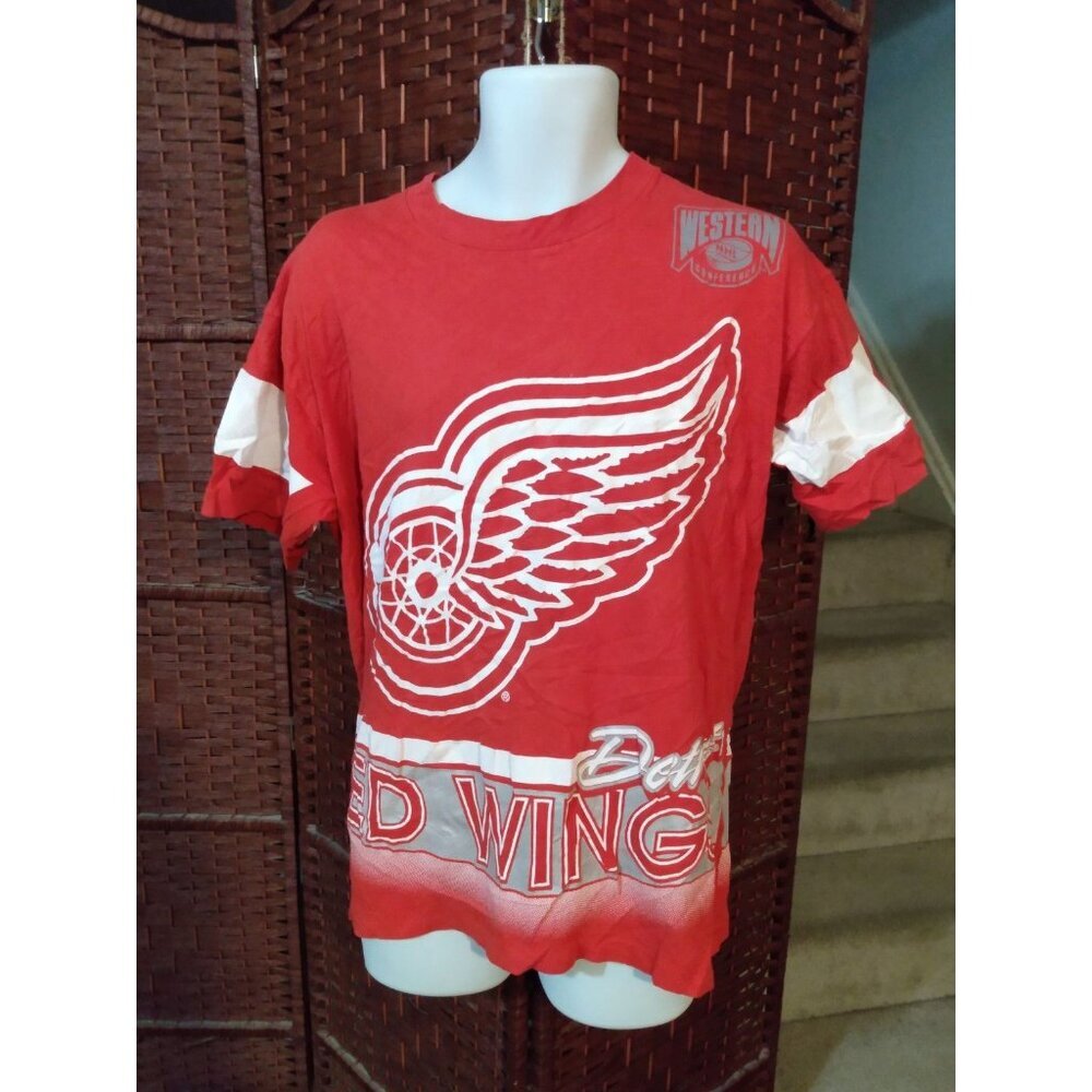 Vintage 90s Detroit Red Wings T Shirt All Over Print Large Salem Single Stitch